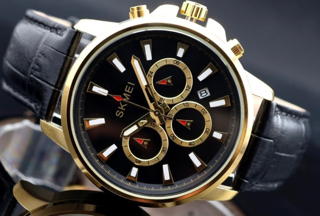 HERRENUHR - SKM - CHRONOGRAPH - STOPPUHR - DATUM - LEDER - SCHWARZ/GOLD - 44MM0