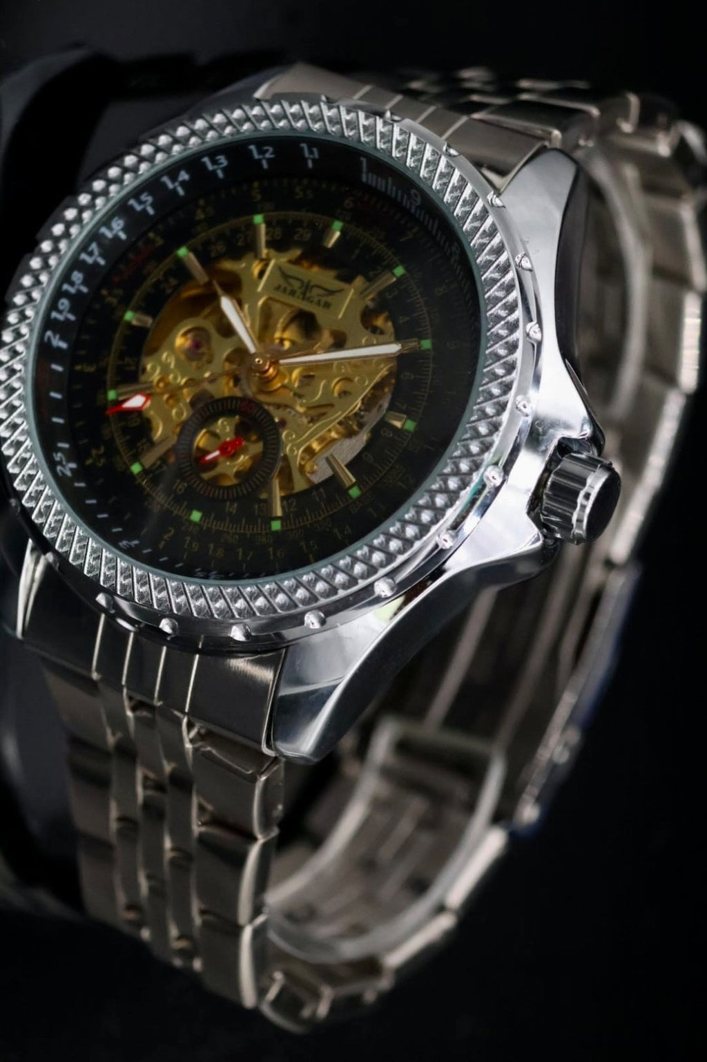 XXL JARAGAR Automatik Armband Uhr Herrenuhr Schwarz mit offener Unruh Glasboden1