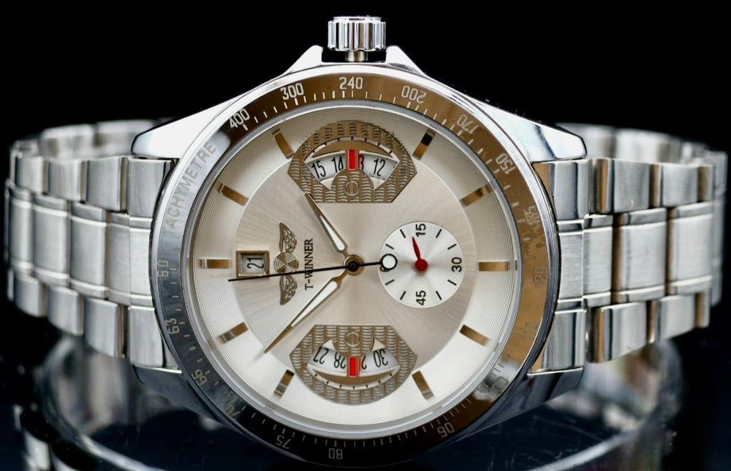 T-Winner Herren Automatikuhr Silber Mechanisch Skelett Uhr Edelstahl Luxus Datum0