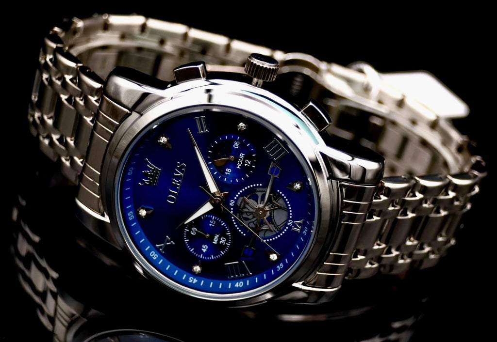 Herren Männer Armband Uhr Chronograph Stoppuhr Datum Silber Blau Farben * 431