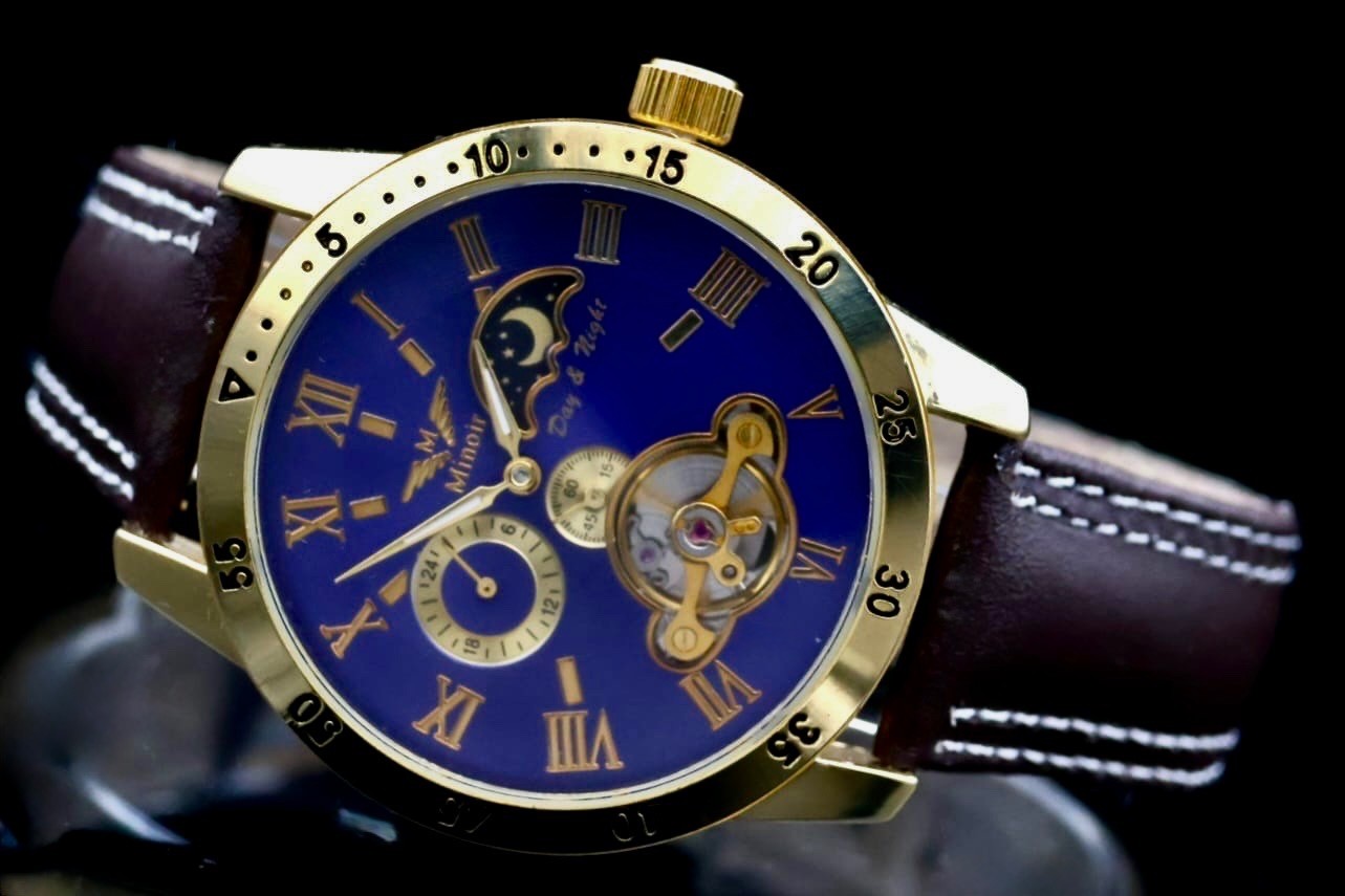 Herren Männer Uhr Automatik Armbanduhr Minoir Herrenuhr mit Lederband  B-WARE*741