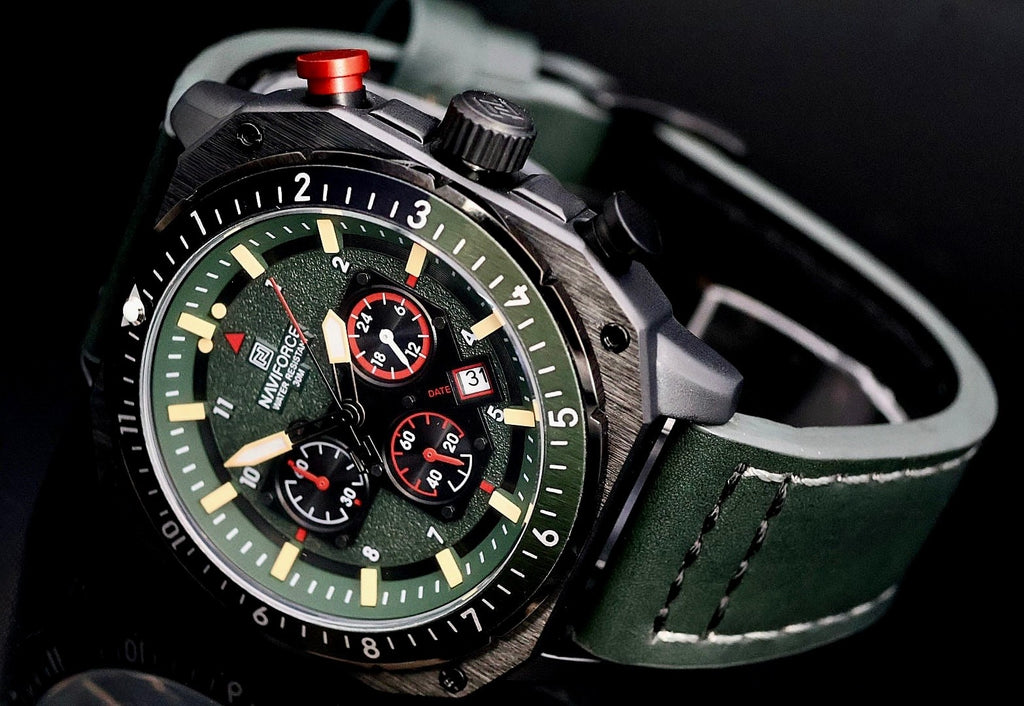 Edle XL Naviforce Herren Männer Armband Uhr Chronograph Stoppuhr Datum Green NEU0