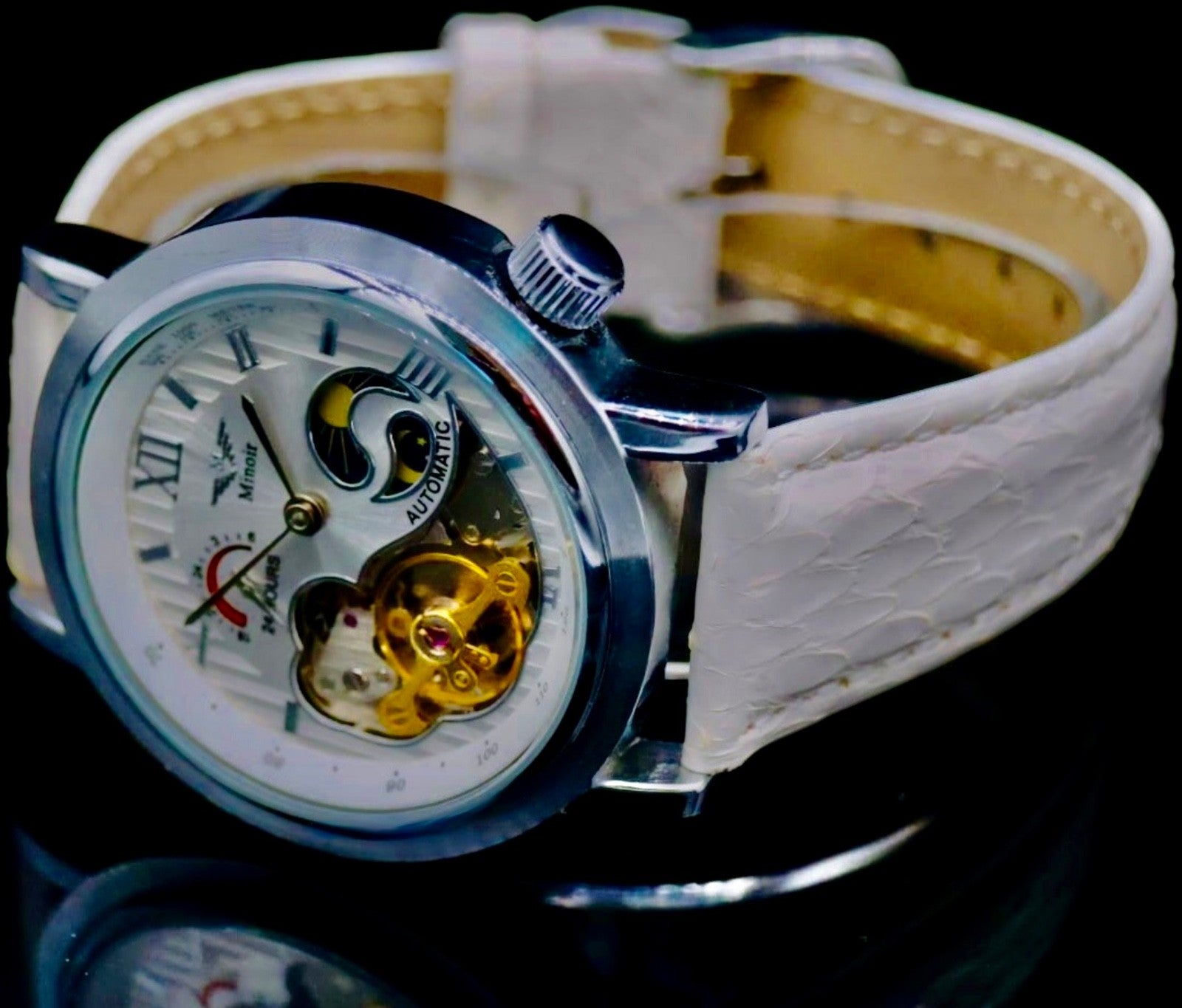 Edle Minoir Herren Weiß Farben Uhr Automatikuhr Armbanduhr Herrenuhr Lederband1