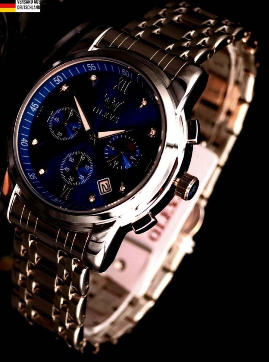 Herren Männer Armband Uhr Chronograph Stoppuhr Datum Blau Silber Farben NEU0