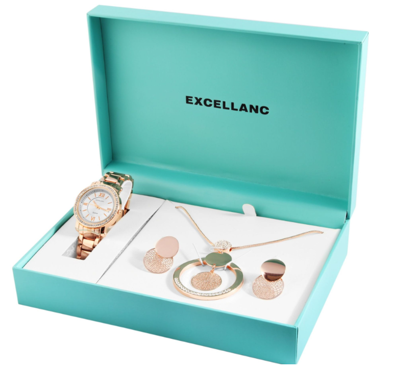 Excellanc Damen Geschenkset Armbanduhr Halskette und Ohrringe Weiß Rosé Farben0