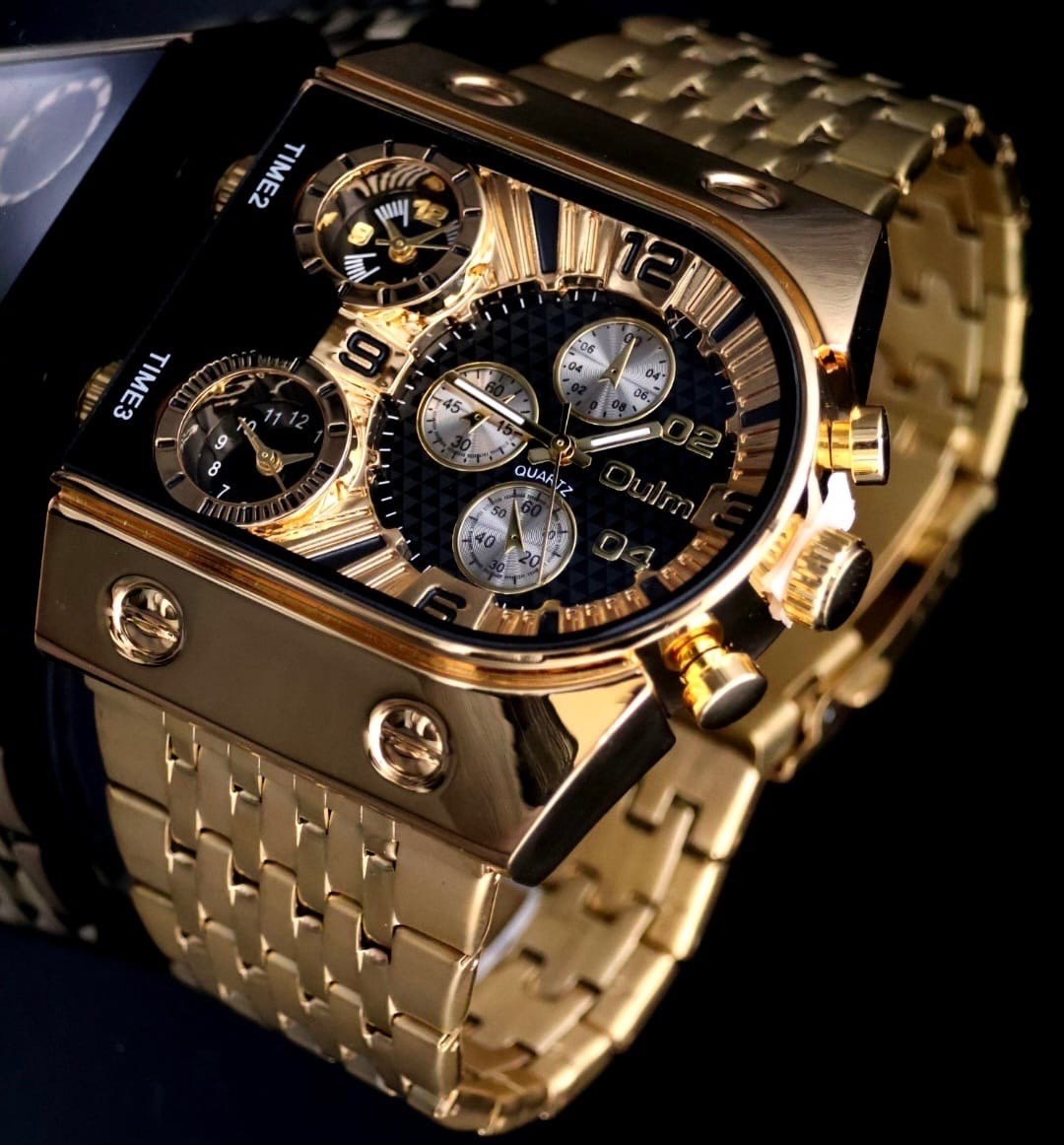 XL Herren Männer Uhr 3 Uhrwerke Schwarz Gold Farben Herrenuhr im Chrono Look NEU0