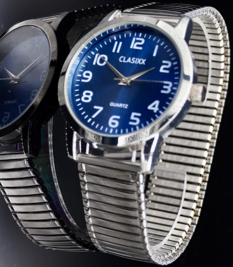 Clasixx Herren Edelstahl Armband Uhr Zugband Blau Silber  Farben Zugarmband1