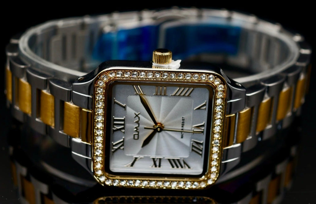 Mega Edle Omax Damen Armband Uhr Bicolor Damenuhr Strass IP Veredelt NEU1