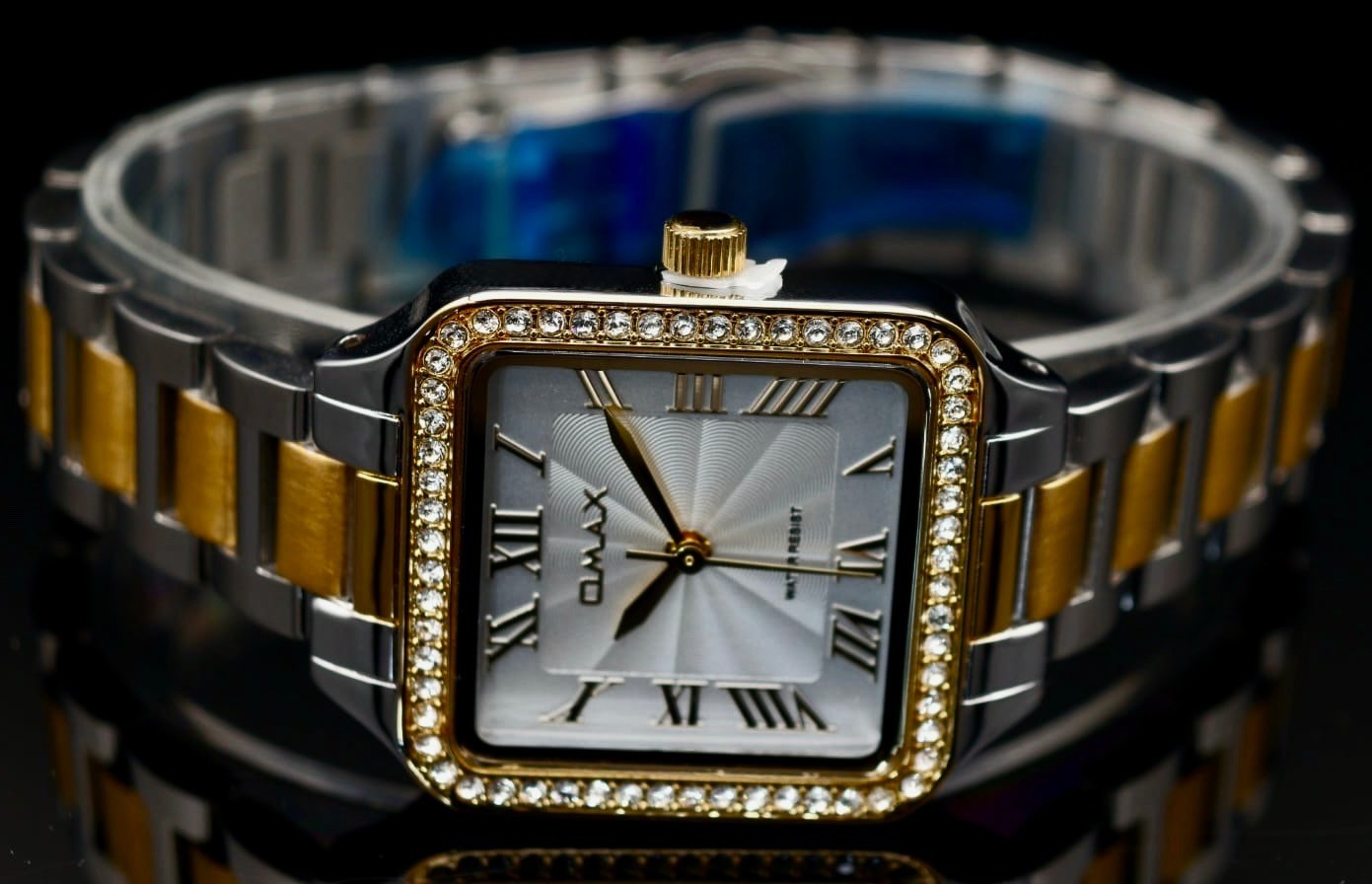 Mega Edle Omax Damen Armband Uhr Bicolor Damenuhr Strass IP Veredelt NEU1