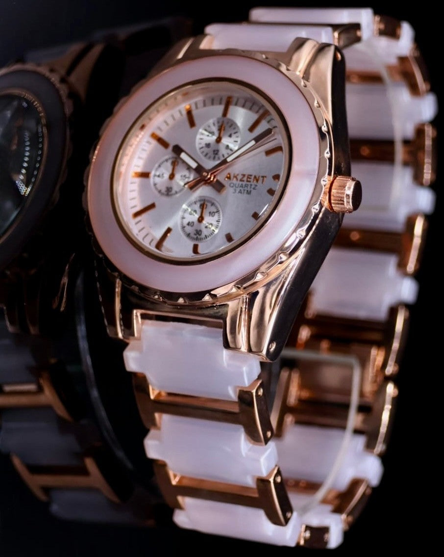 Akzent Damen Frauen Armband Uhr Rosé Weiß Farben Elegante Damenuhr Chrono-Look1