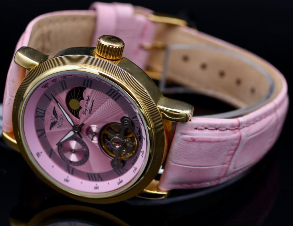 Edle Damen Uhr Automatikuhr Armbanduhr Rosa  Minoir Damenuhr mit offener Unruh0