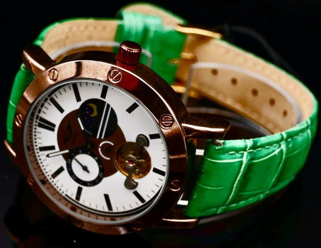 Edle Herren Uhr Automatik Armbanduhr Minoir Herrenuhr mit Lederband Grün Farben0