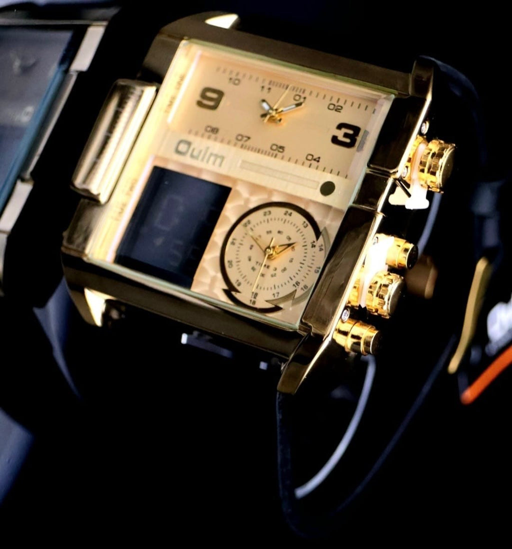 Edle Oulm Herren Männer Digital Uhr Armbanduhr Dual Timer Gold Schwarz Farben1