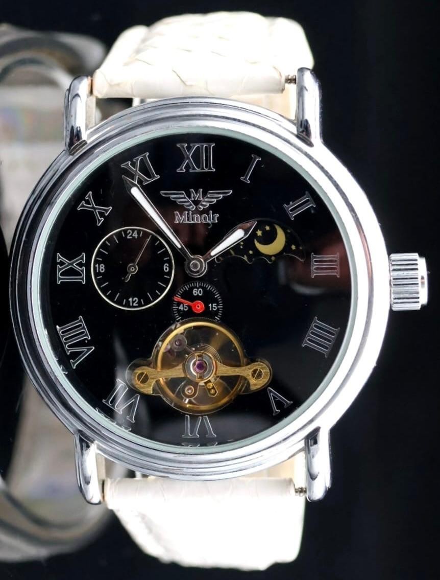 Mega Edle Herren Uhr Automatikuhr Schwarz Armbanduhr Minoir LUXUS offene Unruh0