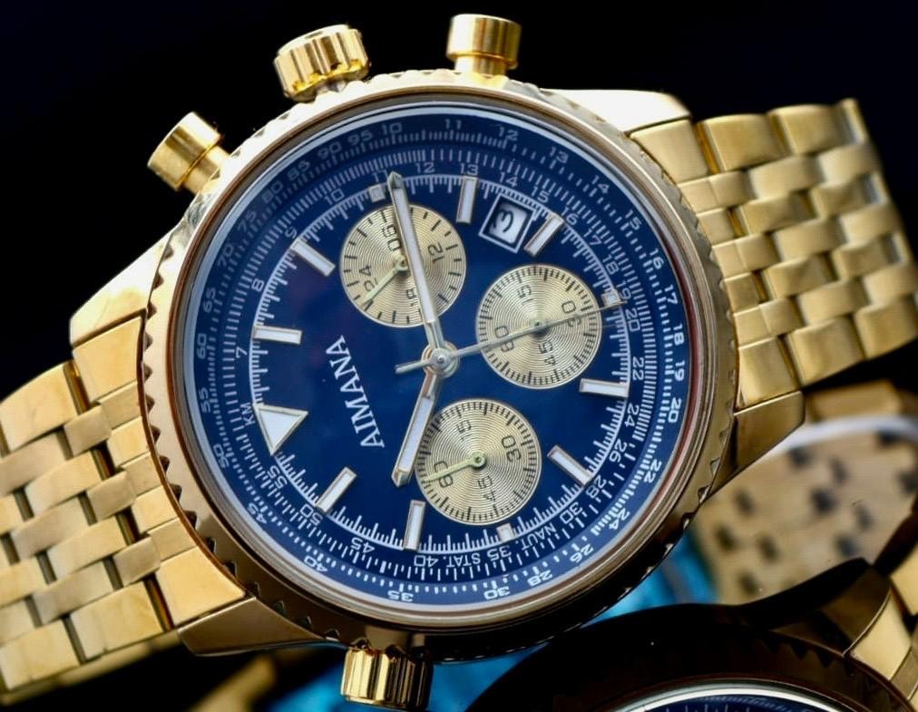 AIMANA  - HERREN - CHRONOGRAPH - STOPPUHR - DATUM - BALU / GOLD - 44MM - NEU1