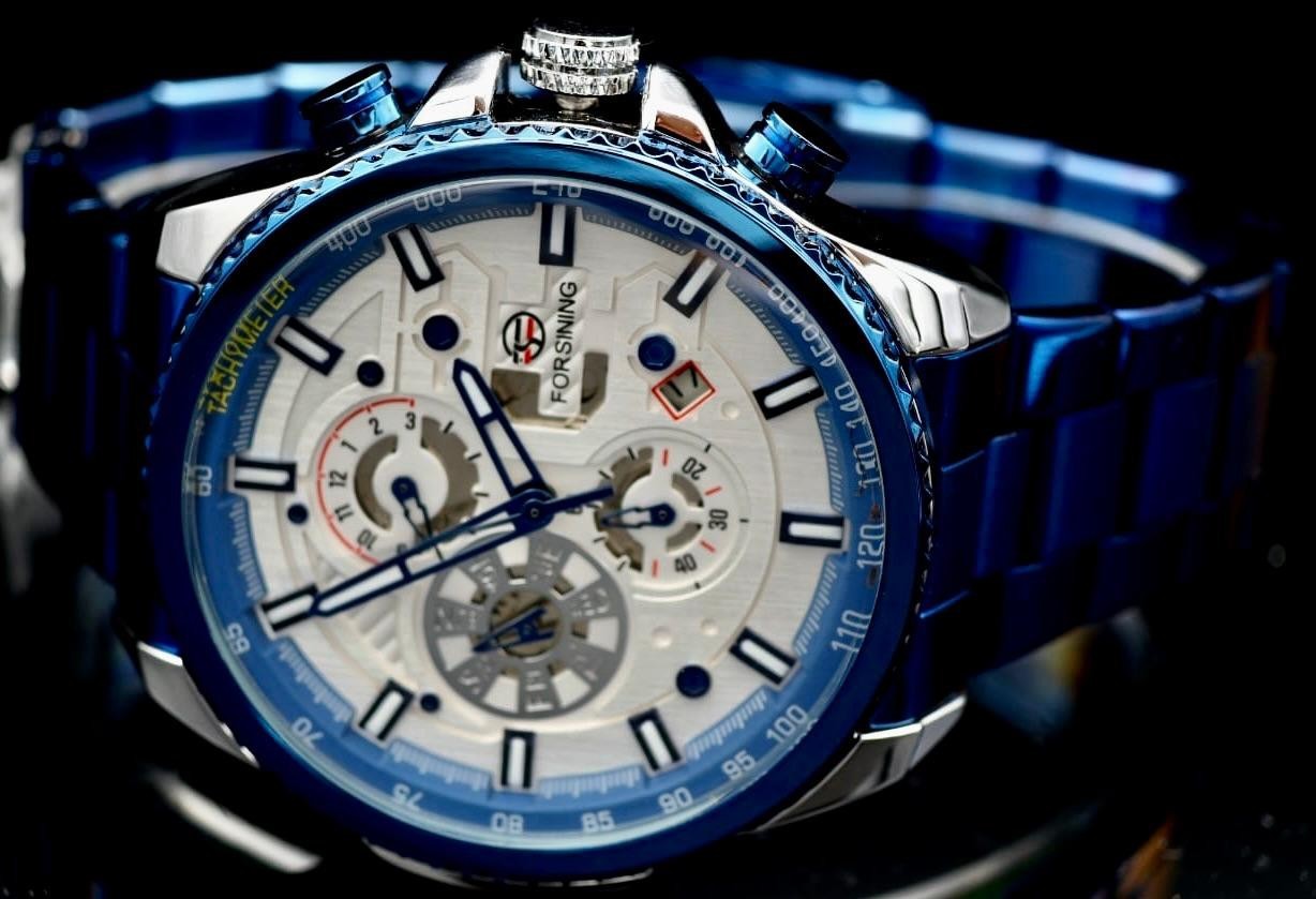 Exklusive Herren Männer Automatik Uhr Weiß Blau Farben sportliches Design Top #1