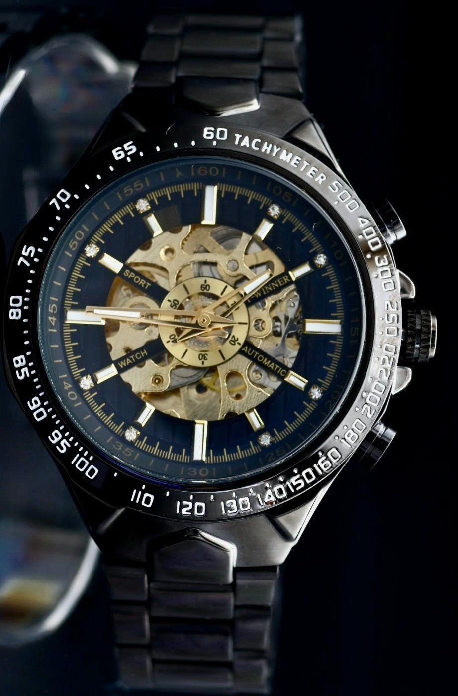 T-Winner Herren Automatikuhr Schwarz Gold Sport Skelett Uhr Edelstahl 44mm0