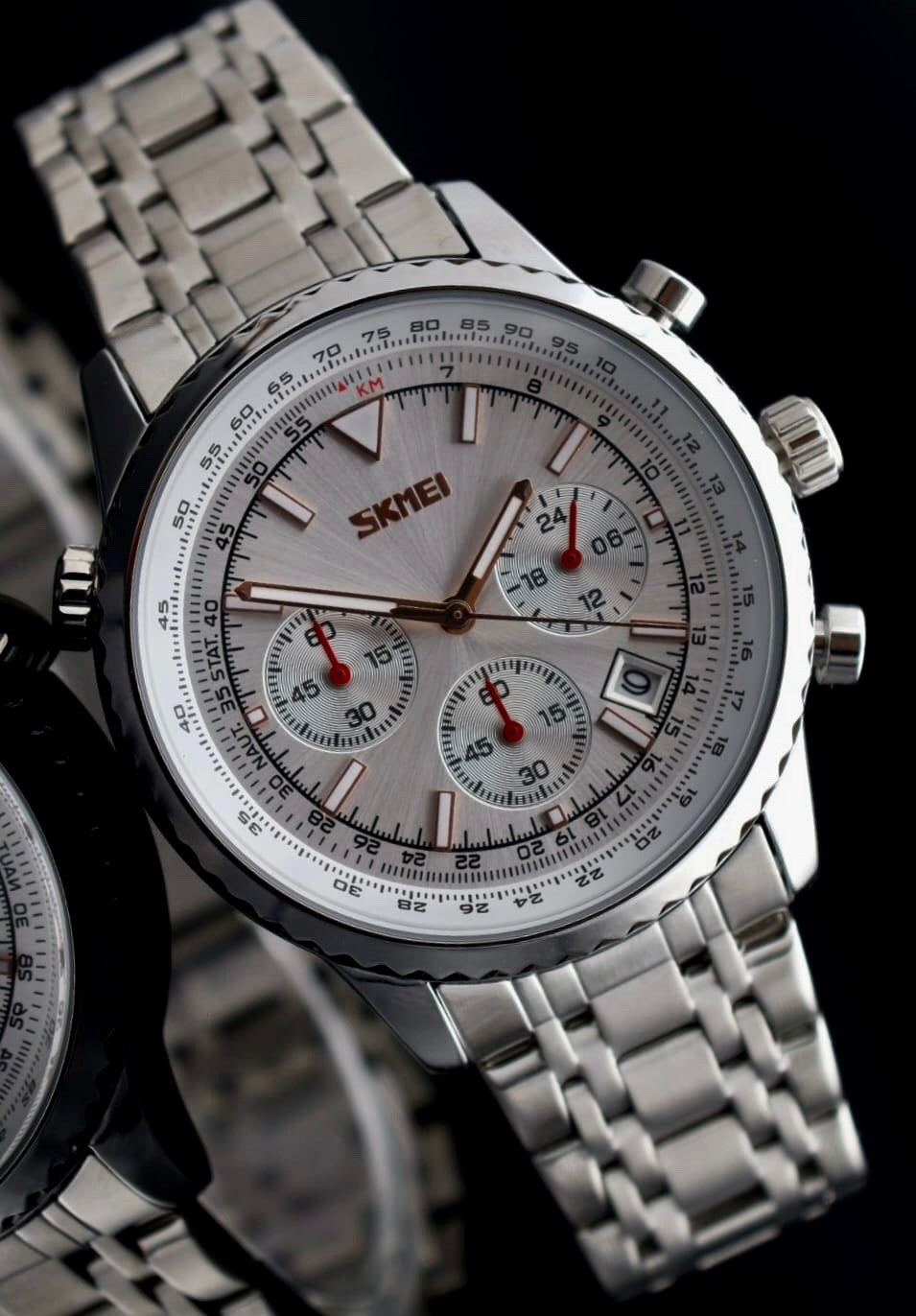 SKM CHRONOGRAPH HERRENUHR EDELSTAHL 44MM DATUMSANZEIGE STOPPFUNKTION NEU1