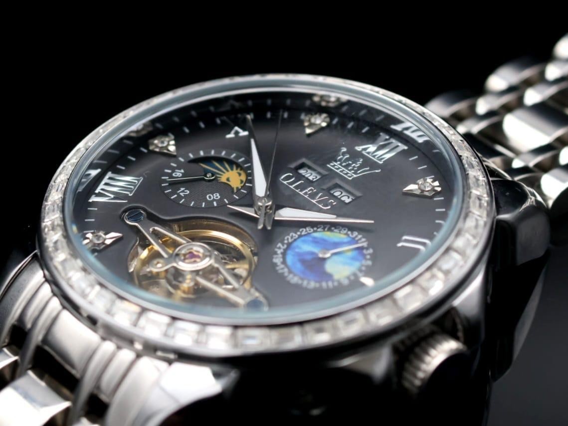 OLEVS Herren Automatik Uhr Armbanduhr Edelstahl Schwarz Silber Kalender Datum2