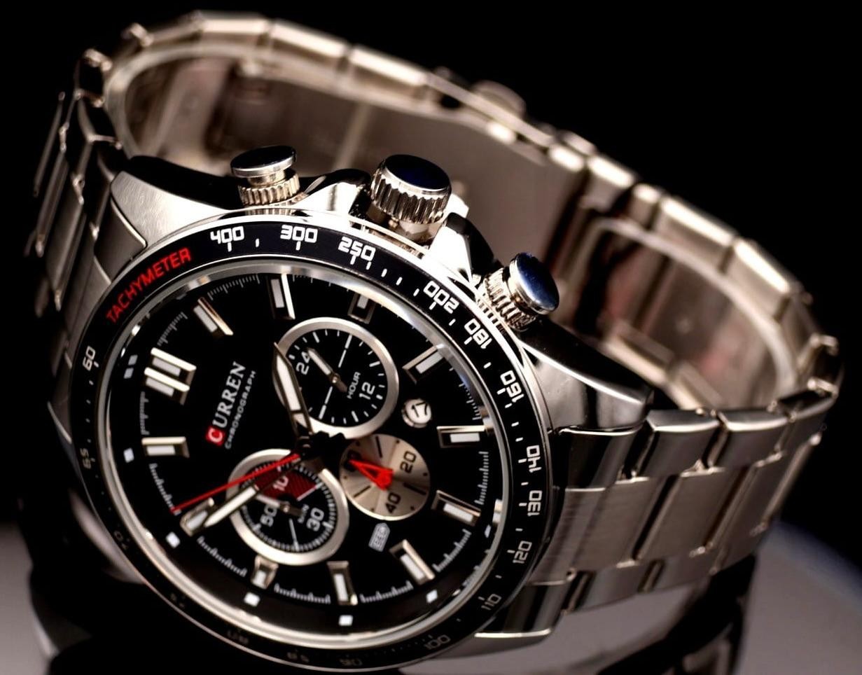 Edle Herren Männer Armband Uhr Chronograph Stoppuhr Datum Schwarz Silber Farben1