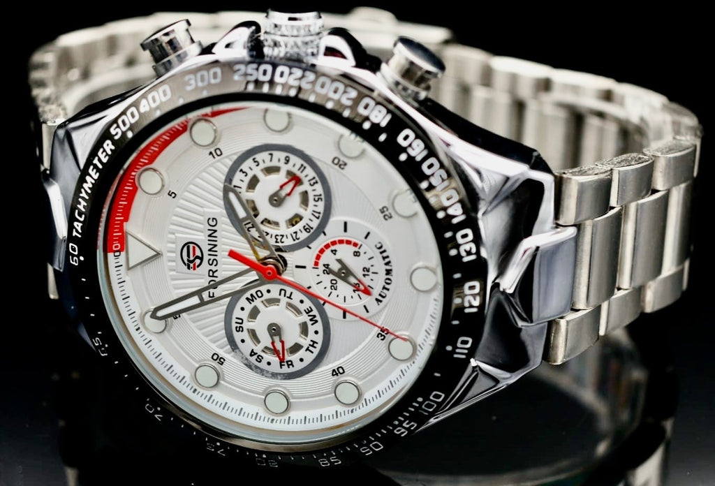 Sportliche Herren Männer Automatik Uhr Weiß Silber Farben Chronographenfunktion2