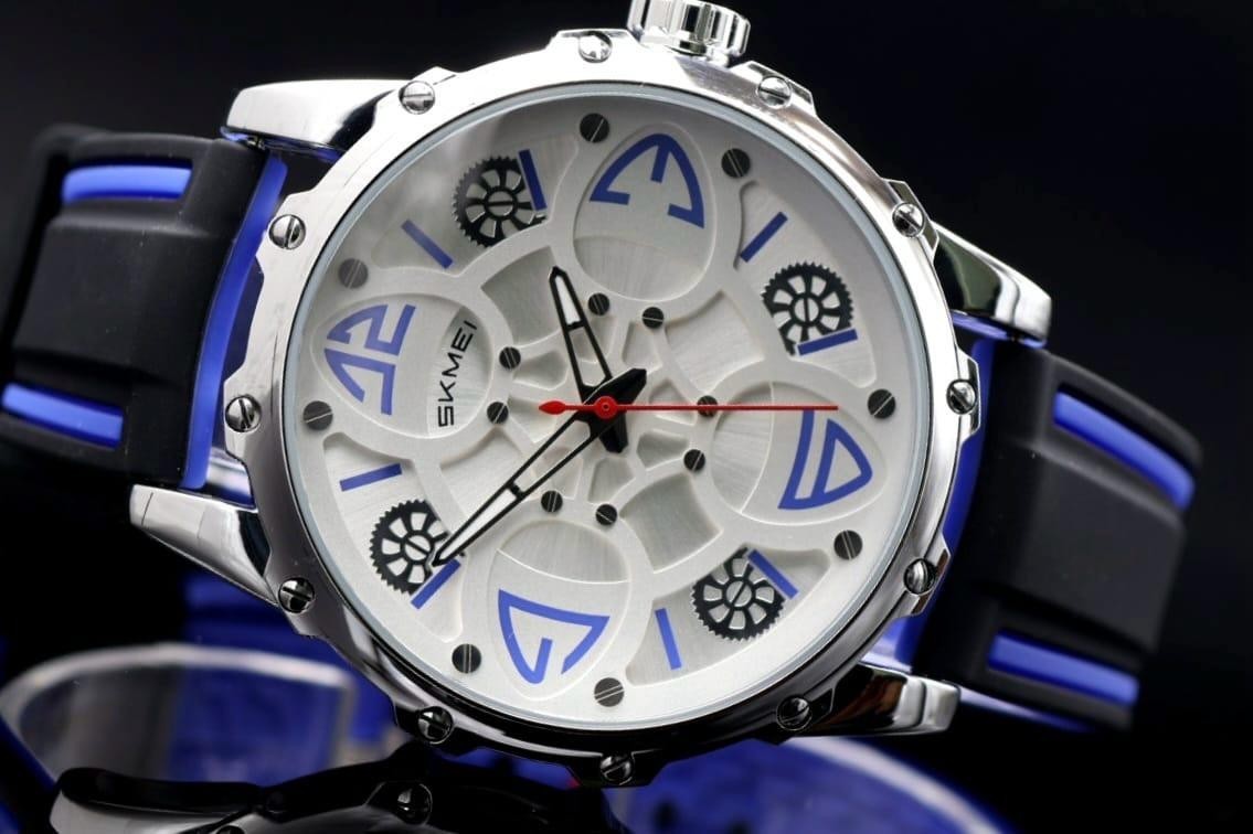 SKM - HERREN - UHR - SILIKONBAND - SCHWARZ - BLAU - LEUCHTZEIGER - 45MM - NEU1