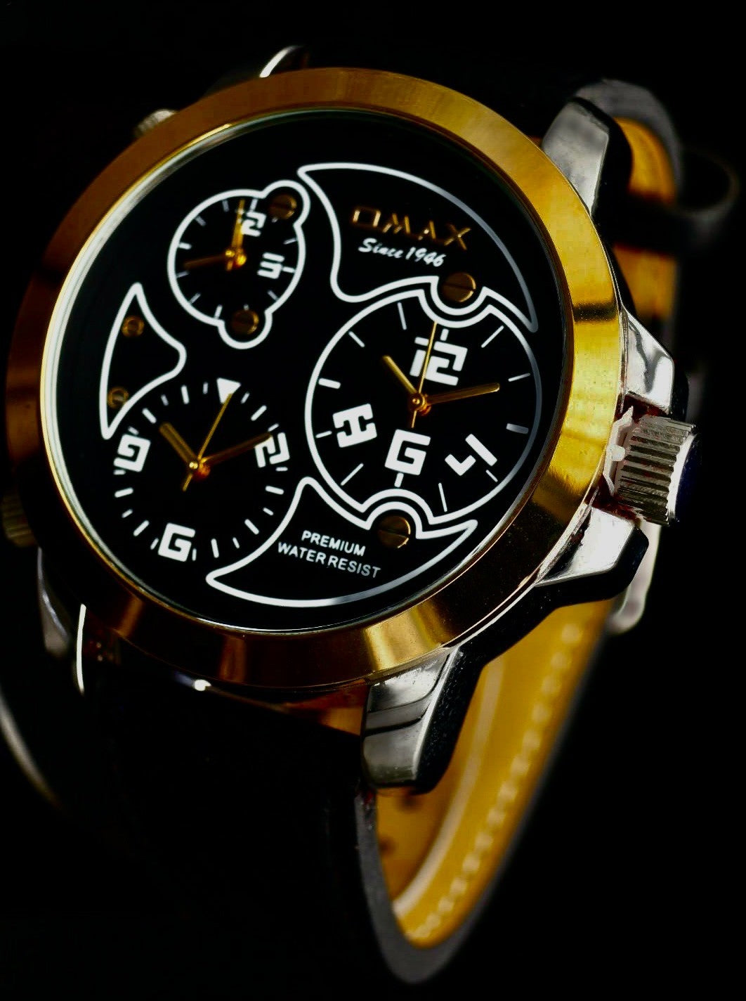 Omax XXL Monster Watch Herren Armband Uhr Schwarz Gold Farben Dual Triple Timer*1