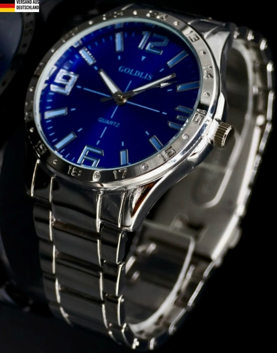 Mega Edle Herren Armband Männer Uhr  Silber Blau Farben NEU0