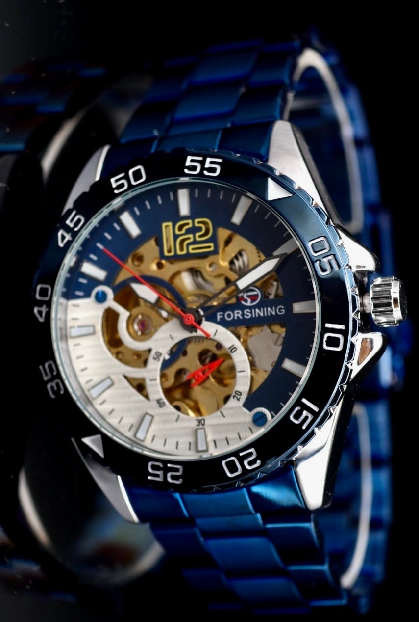 Exklusive Herren Männer Automatik Uhr Blau Farben mit Sicht aufs Uhrwerk NEU2