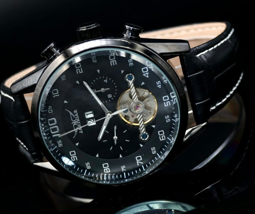 JARAGAR Herren Automatik Uhr Herrenuhr Schwarz Farben mit Lederband Offene Unruh1