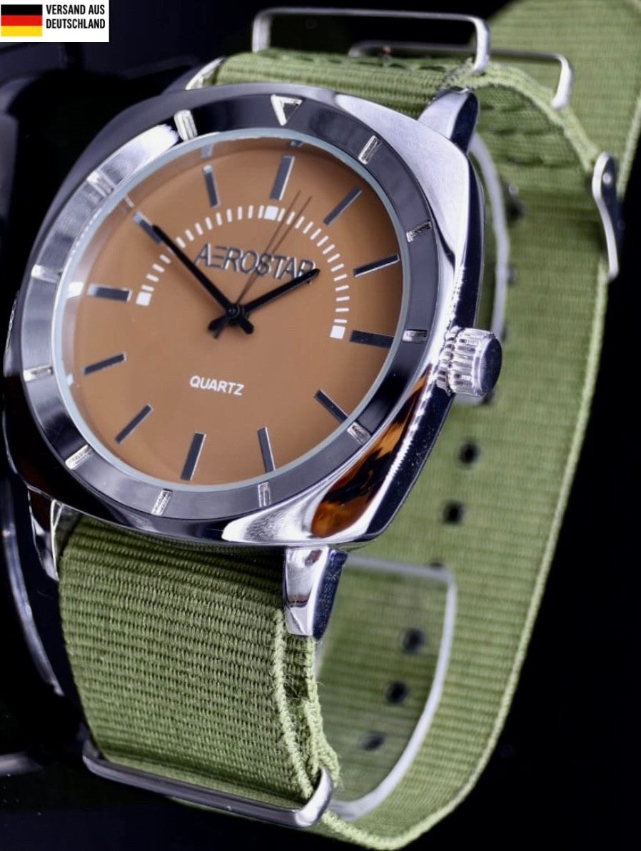 Top Aerostar Herren Männer Armband Uhr Braun Grün Farben Herrenuhr Textilarmband0