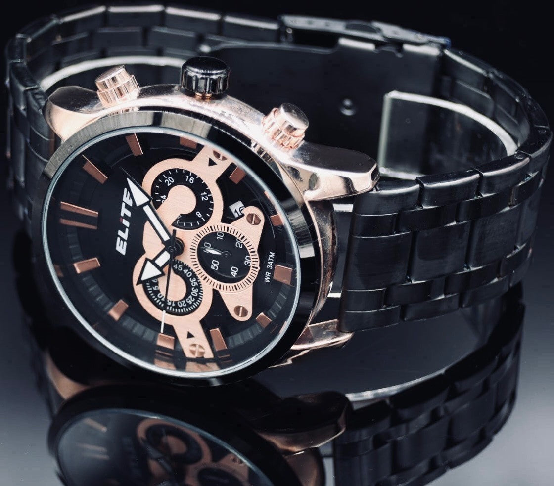 Elite Herren Edelstahl Armband Uhr Chronograph Rose Gold Schwarz Farben Datum1