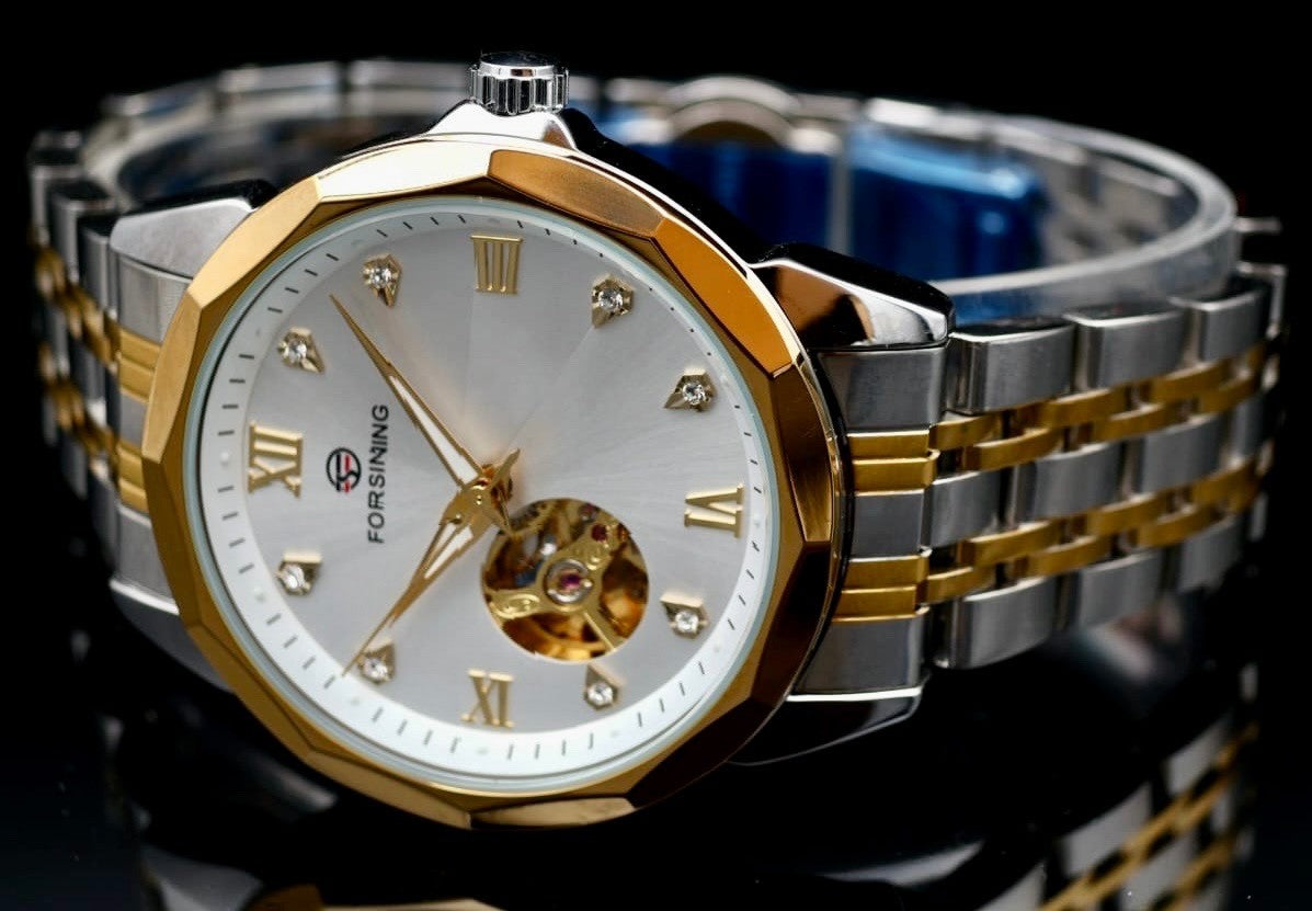 Elegante Herren Männer Automatik Uhr Gold Silber Bicolor Farben offene Unruh NEU0