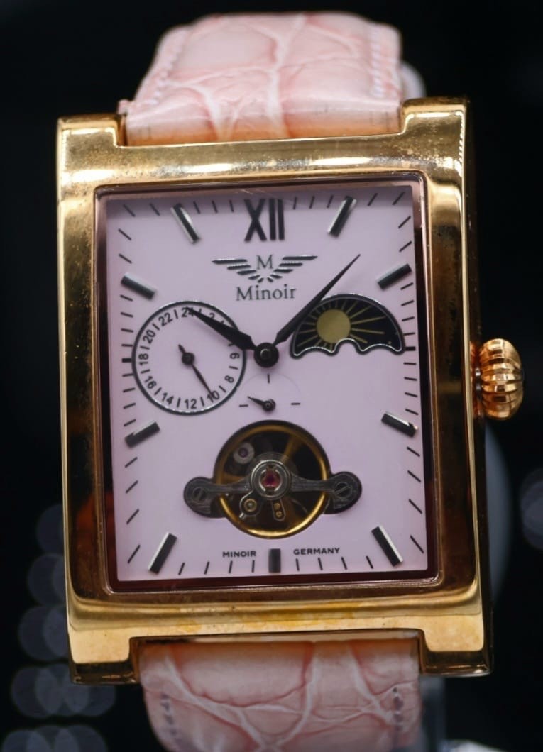 Klassische Damen Frauen Uhr Automatik Armbanduhr Minoir Lederband Damenuhr Rosa0