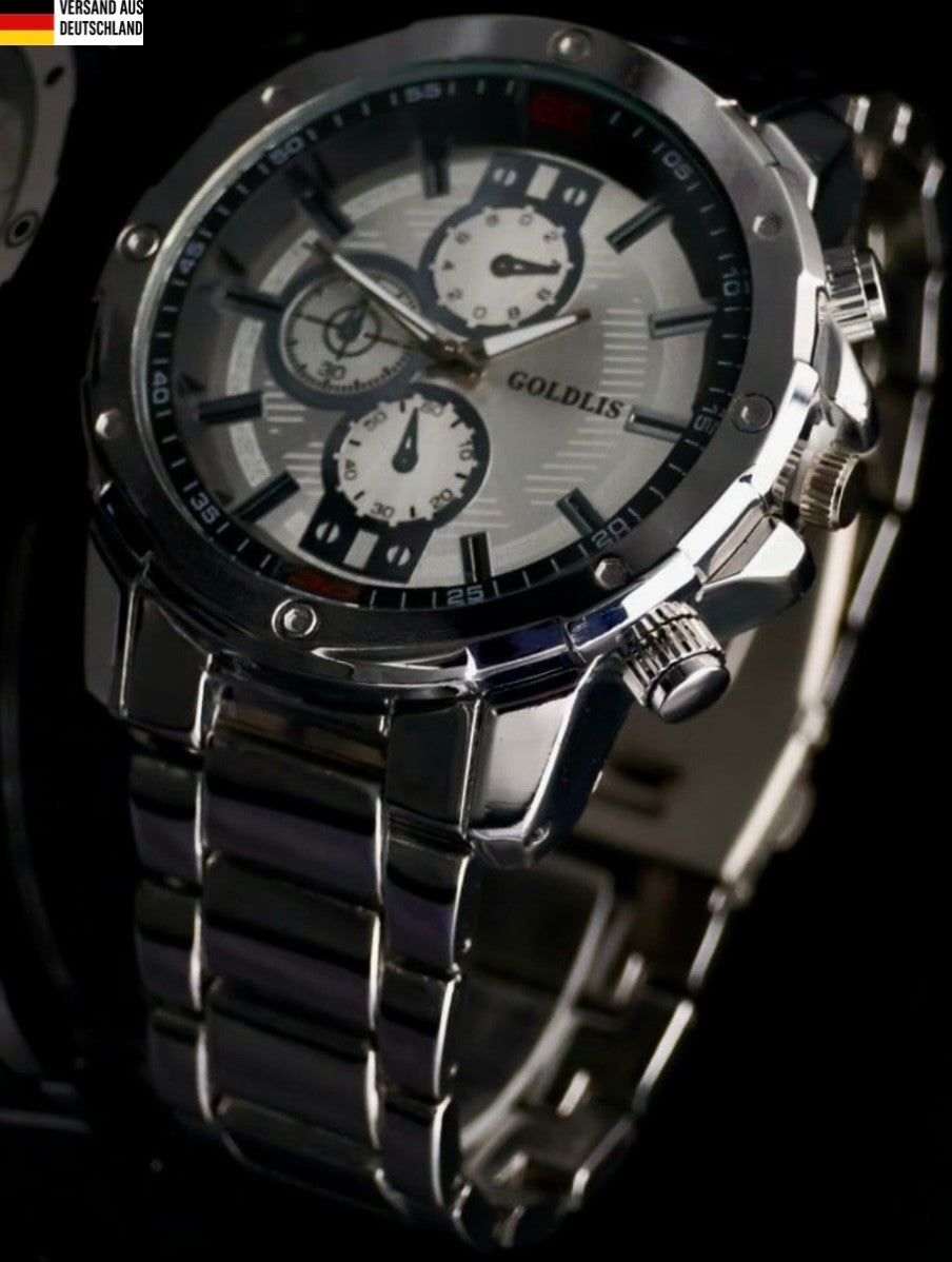 XL Herren Armband Männer Uhr  Schwarz Silber Farben Chrono Look Quarz *NEU * 780