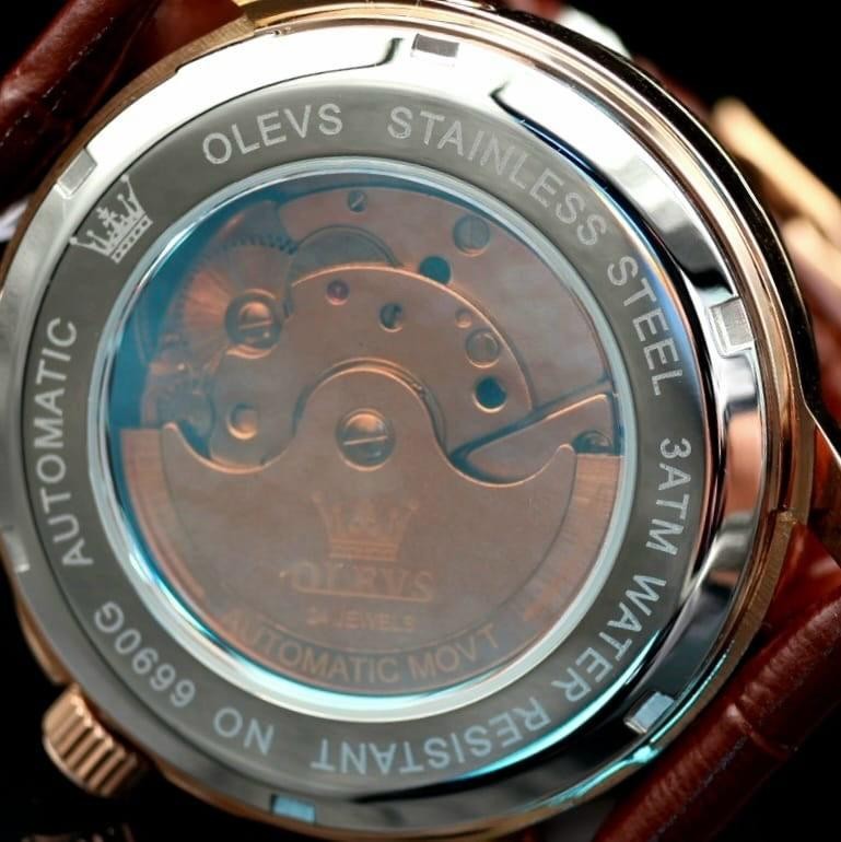 OLEVS Automatik Herren Männer Uhr Blau Rosé Farben Vollkalender mit Lederarmband4