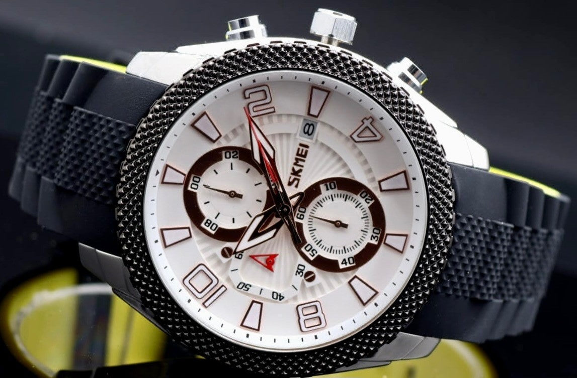 SKM CHRONOGRAPH HERREN UHR SILIKONBAND SCHWARZ DATUMSANZEIGE 48MM NEU1