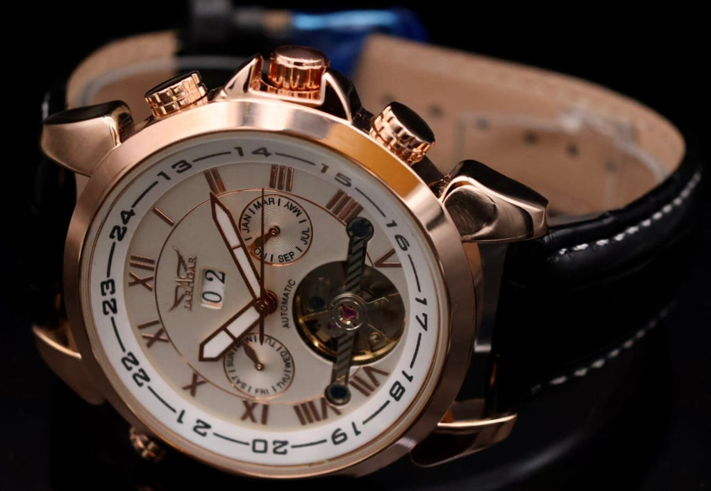 JARAGAR Herren Männer Armband Uhr Automatikuhr Weiß Rosé Farben mit Lederarmband2