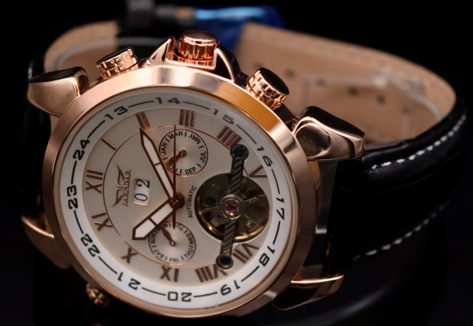 JARAGAR Herren Männer Armband Uhr Automatikuhr Weiß Rosé Farben mit Lederarmband2