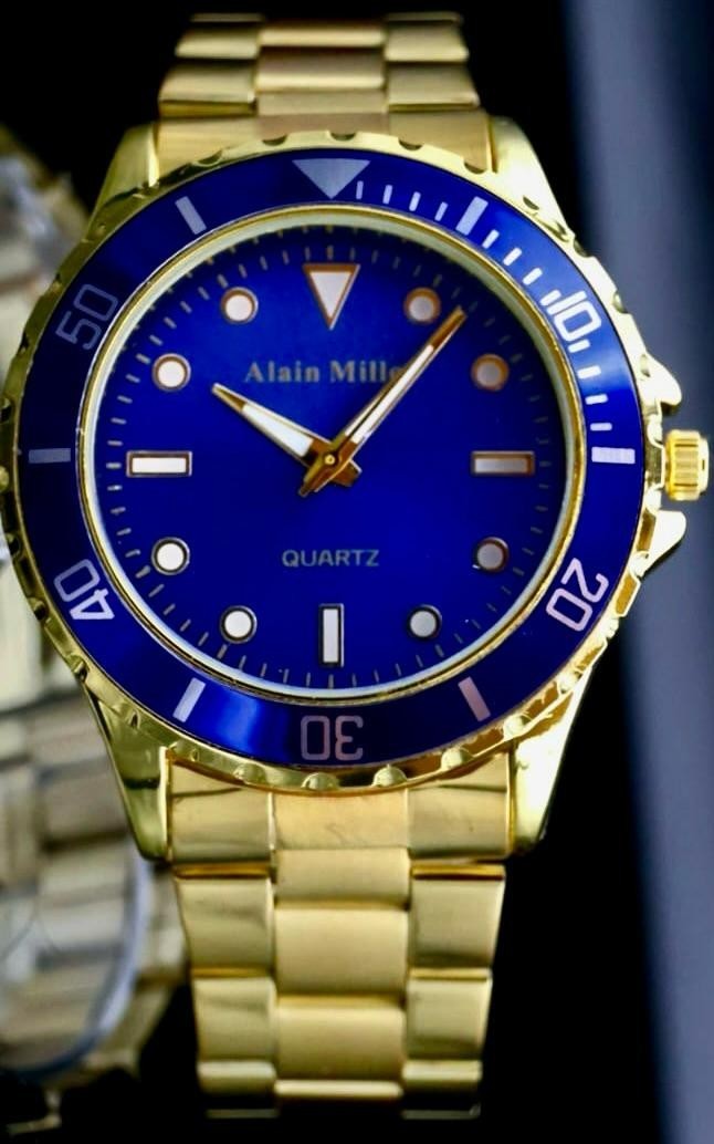 Alain Miller Herren Armband Männer Uhr Gold Blau Edelstahl sportliches Design0