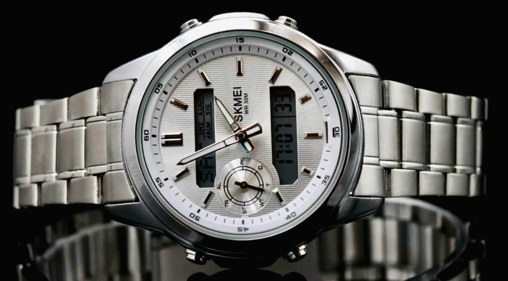 SKM Digital & Analog Herren Männer Uhr Armbanduhr 42mm Silber Farben Neu1