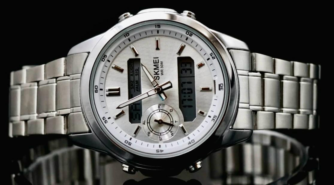 SKM Digital & Analog Herren Männer Uhr Armbanduhr 42mm Silber Farben Neu1