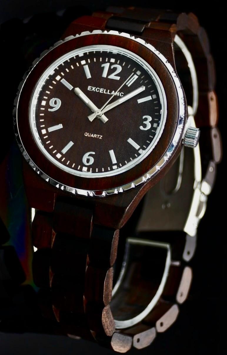 Excellanc  Damen Herren Unisex Holz Armband Uhr Braun Silber Farben Schwarzholz0