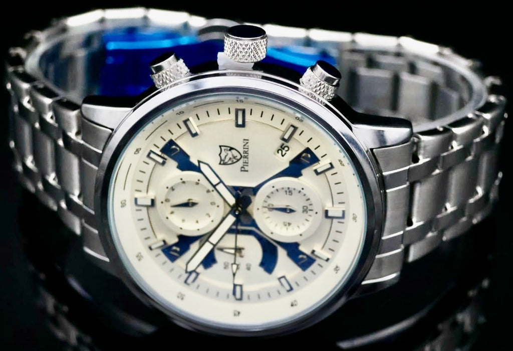 Edle Pierrini Herren Armband Uhr Chronograph Stoppuhr Datum Silber Blau Farben*2