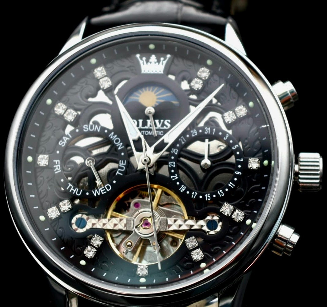 OLEVS Herren Automatik Uhr Armbanduhr Edel Schwarz Silber Farben mit Kalender0