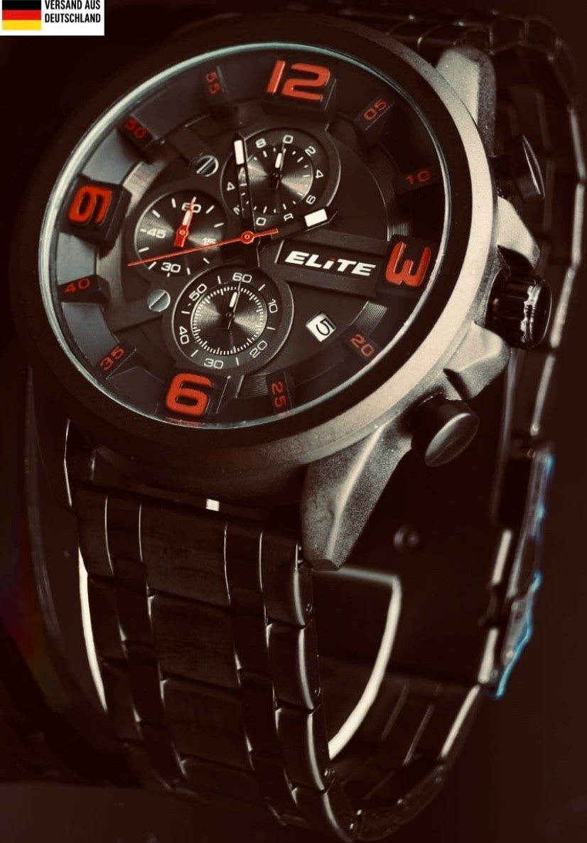 Elite Herren Edelstahl Armband Uhr Chronograph Schwarz Rot Farben Datum NEU0