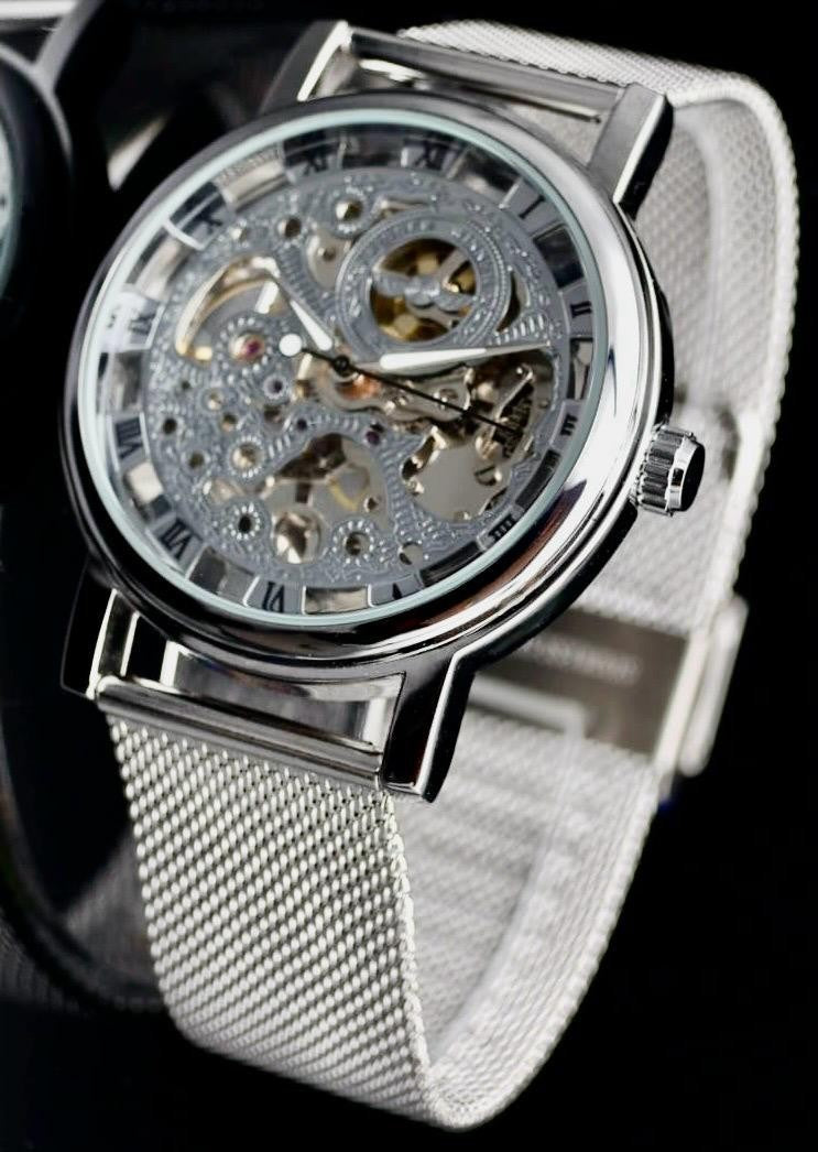 Elegante Herren Männer Automatik Uhr Silber Farben mit silbernem Mesh Band NEU0