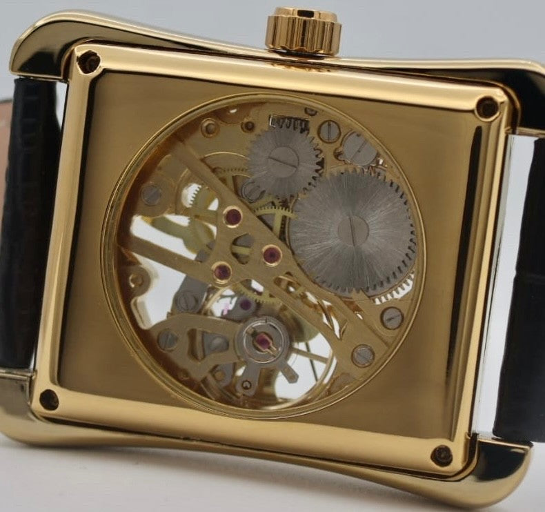 Winner Herren Automatik Uhr Gold Farben Mechanisch Lederband Skelettuhr 34x34mm2