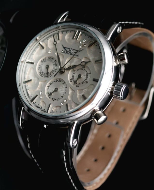 Mega Edle JARAGAR Damen Automatikuhr Damenuhr Weiß Schwarz Farben mit Lederband0