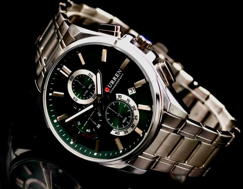 Herren Armband Uhr Edelstahl Chronograph Stoppuhr Datum Grün Silber Farben1